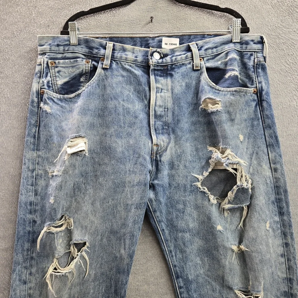 Levi's 501 Men Jeans 38X34 Light Blue Denim Original Fit Straight Leg Distressed